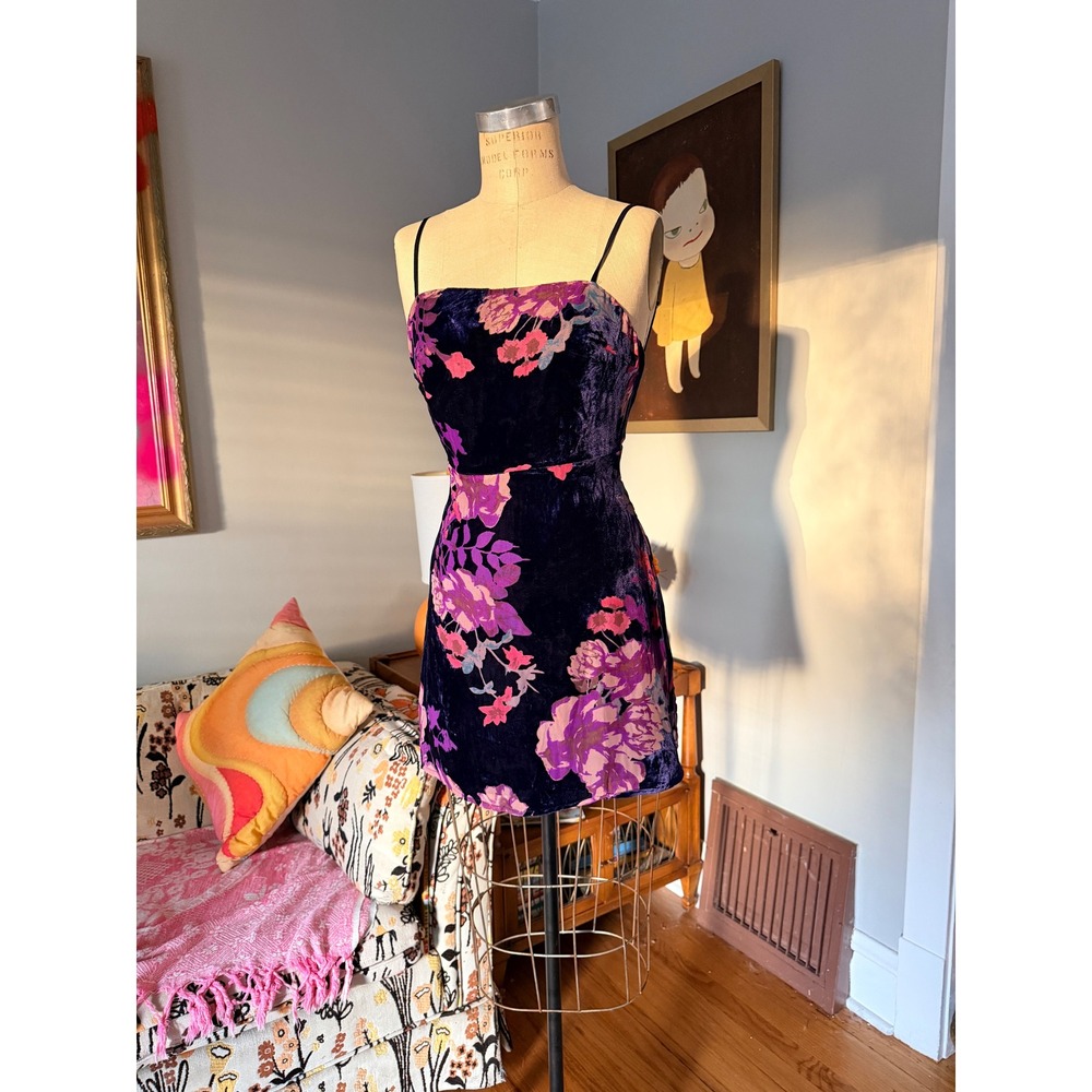 LUSH Burnout Velvet Floral Print Mini Slip Dress Strappy Bodycon Party - XS‎